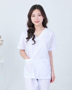 Áo blouse trắng cổ tim phẫu thuật nam nữ cộc tay – áo blu trắng bác sĩ, y tá, dược sĩ cổ tim nam nữ