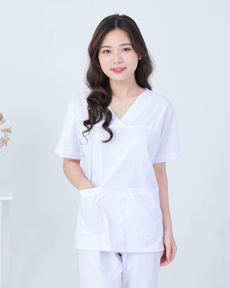 Áo blouse trắng cổ tim phẫu thuật nam nữ cộc tay – áo blu trắng bác sĩ, y tá, dược sĩ cổ tim nam nữ