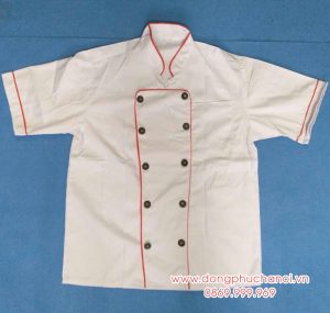 Áo đầu bếp may sẵn ngắn tay màu trắng viền đỏ