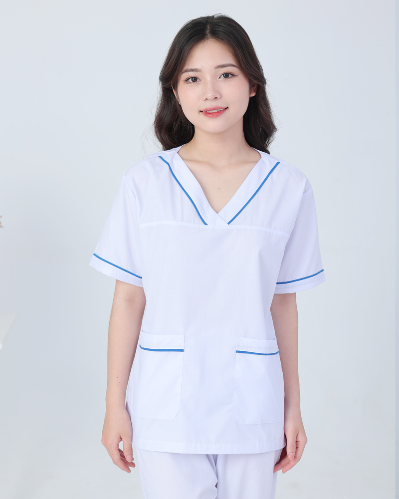 Bộ blouse cổ tim nam nữ cộc tay – bộ scrubs trắng cổ chữ V cho bác sỹ, điều dưỡng, dược sỹ
