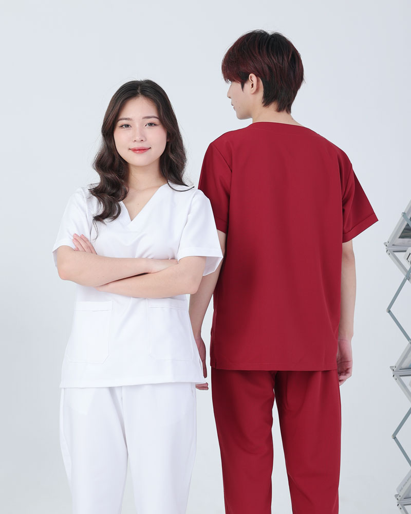 Bộ scrub nam nữ cổ tim đỏ và trắng – bộ quần áo blouse nam nữ cổ chữ V
