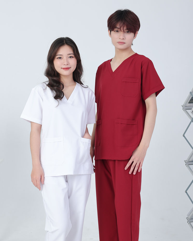 Bộ scrub nam nữ cổ tim đỏ và trắng – bộ quần áo blouse nam nữ cổ chữ V
