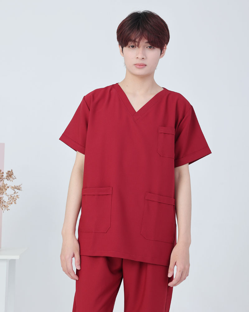 Bộ scrub nam nữ cổ tim đỏ và trắng – bộ quần áo blouse nam nữ cổ chữ V