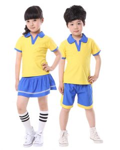 Đồng phục áo phông học sinh màu vàng phối xanh dương