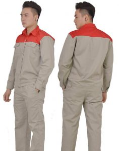 Đồng phục bảo hộ may sẵn màu be phối đỏ