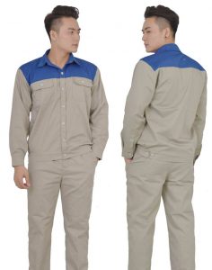 Đồng phục bảo hộ may sẵn màu be phối xanh dương