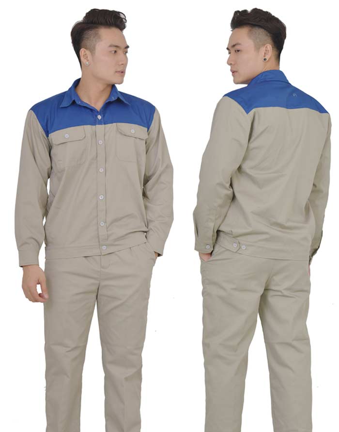 Đồng phục bảo hộ may sẵn màu be phối xanh dương