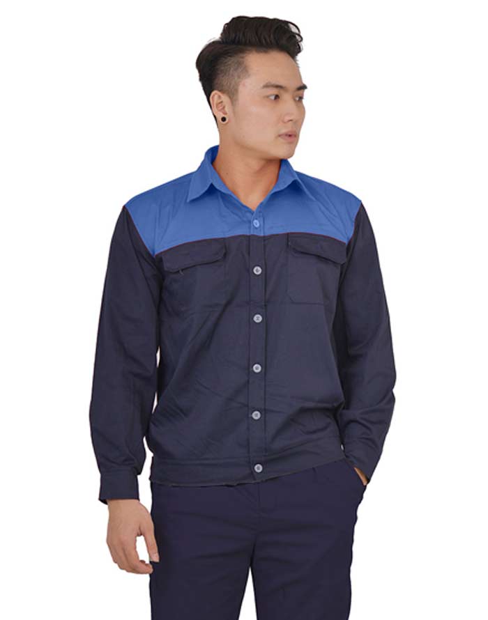 Đồng phục bảo hộ may sẵn màu xanh đen phối xanh dương