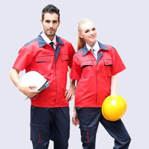Đồng phục công nhân khóa kéo màu đỏ phối xanh đen