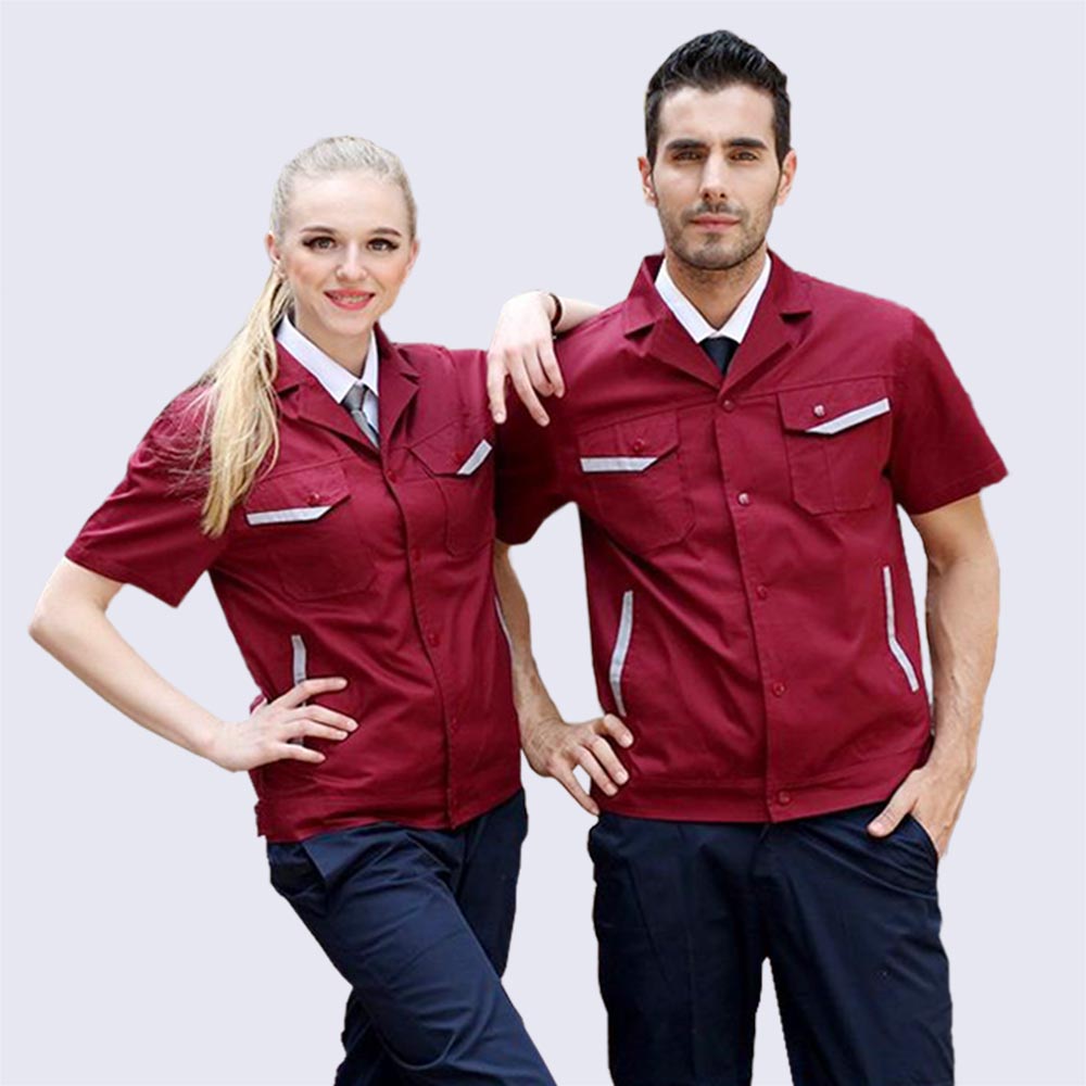 Đồng phục công nhân màu đỏ đô phối xám