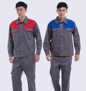 Đồng phục công nhân màu xám đậm phối xanh, đỏ