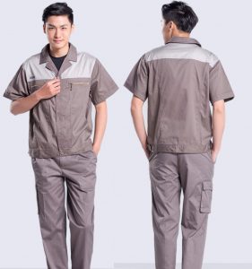Đồng phục công nhân ngắn tay màu ghi sáng phối trắng sữa