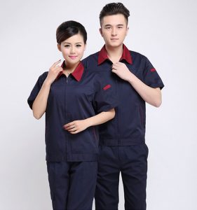 Đồng phục công nhân ngắn tay màu xanh đen phối đỏ