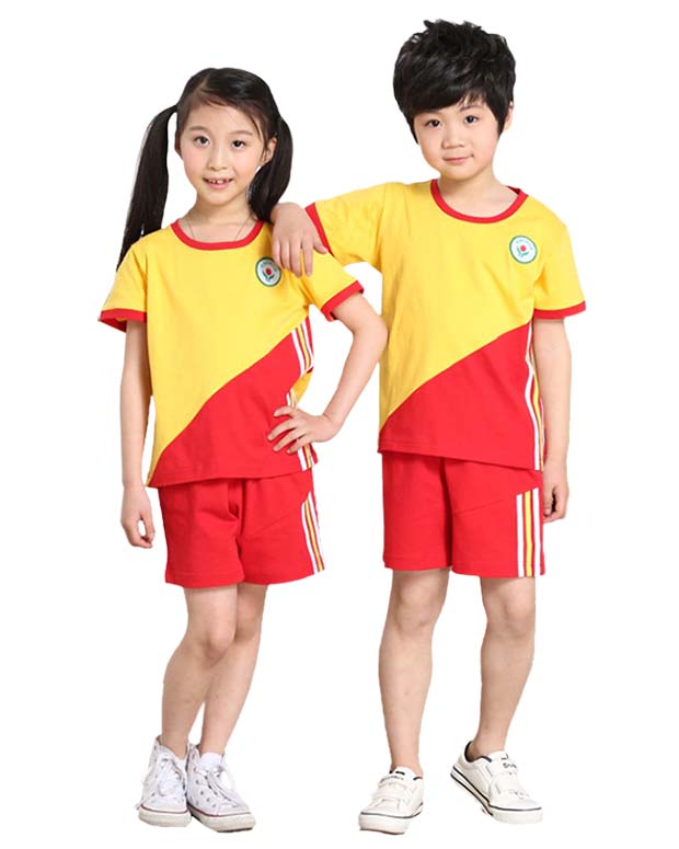 Đồng phục học sinh mầm non cổ tròn màu vàng phối đỏ