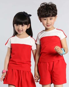 Đồng phục học sinh mầm non cổ tròn phối đỏ trắng