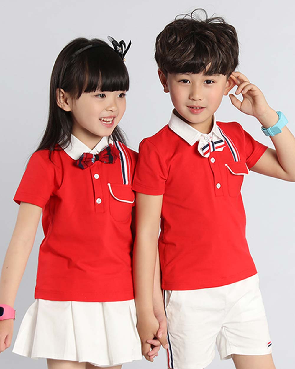Đồng phục học sinh mầm non màu đỏ phối trắng thanh lịch