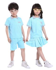 Đồng phục học sinh mầm non màu xanh da trời phối trắng