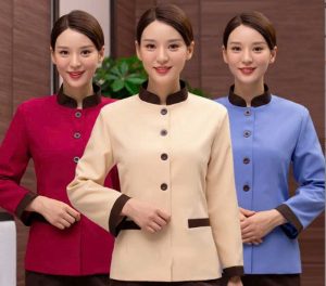 Đồng phục nhân viên buồng phòng khách sạn cổ trụ phối viền