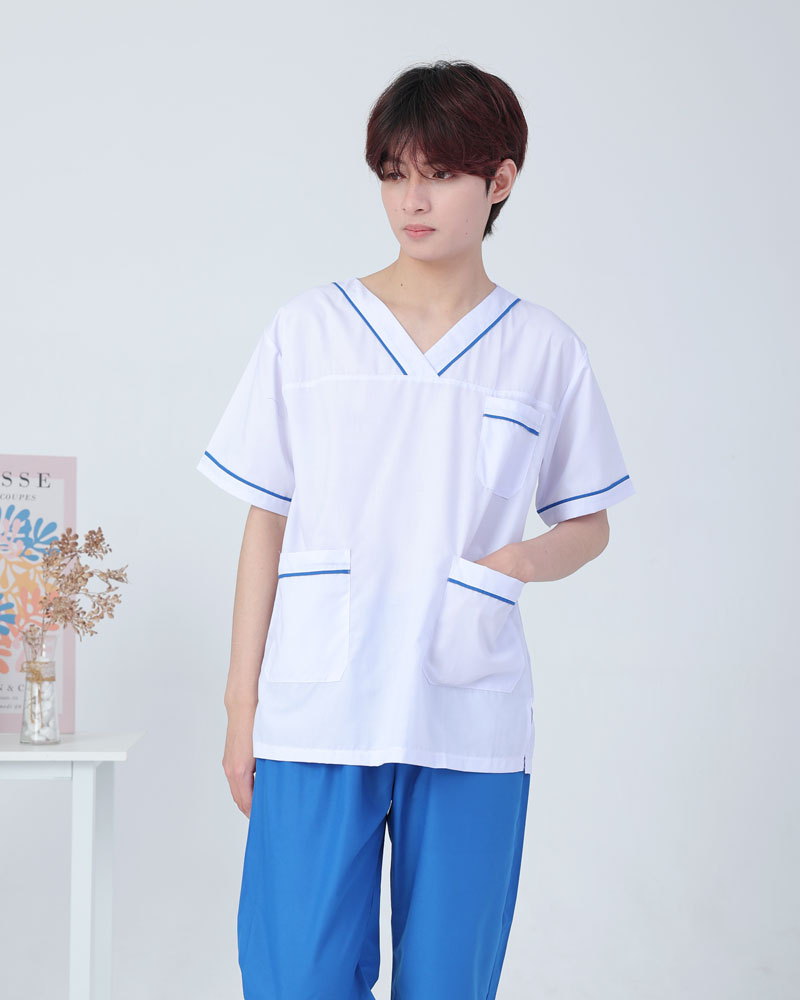 Đồng phục scrub y tế trắng phối viền xanh lá - xanh dương