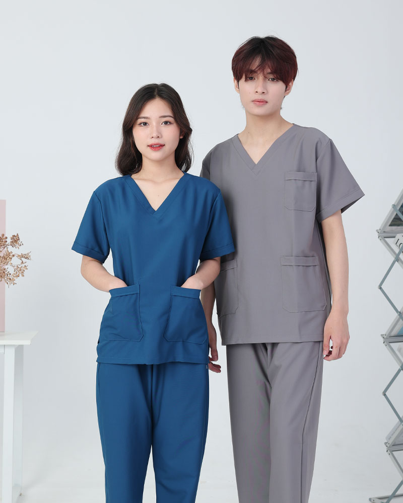 Đồng phục scrubs y tế cổ tim nam-nữ phối màu xanh navy-xám