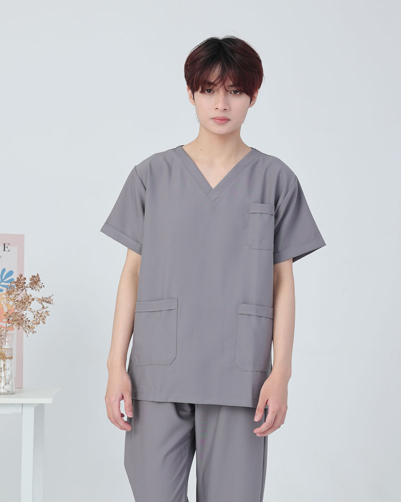Đồng phục scrubs y tế cổ tim nam-nữ phối màu xanh navy-xám