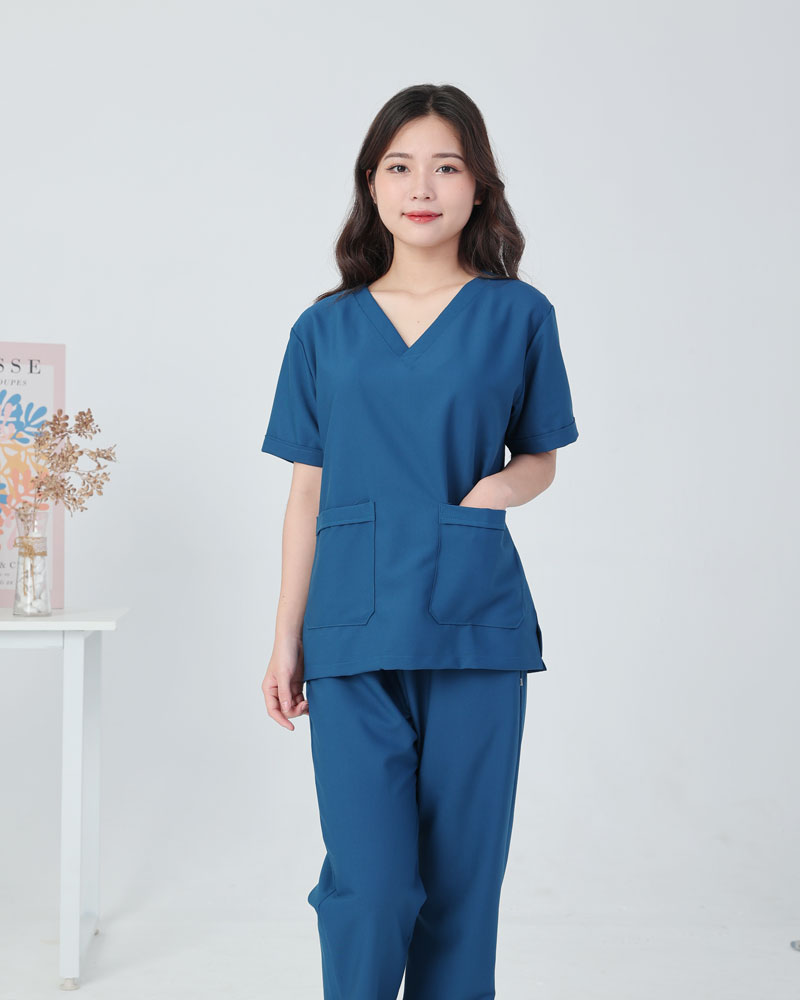 Đồng phục scrubs y tế cổ tim nam-nữ phối màu xanh navy-xám