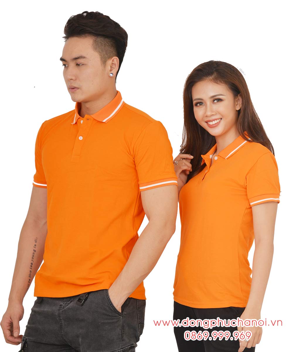 Mẫu áo polo đôi may sẵn màu cam viền trắng