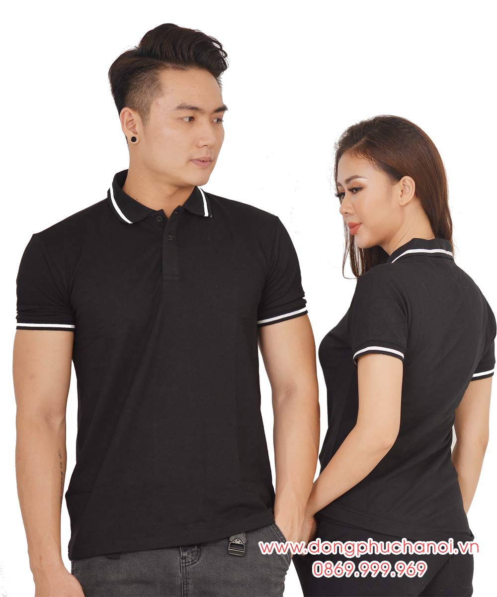 Mẫu áo polo đôi may sẵn màu đen viền trắng