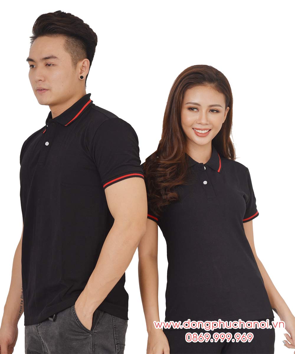 Mẫu áo polo đôi may sẵn màu đen viền đỏ