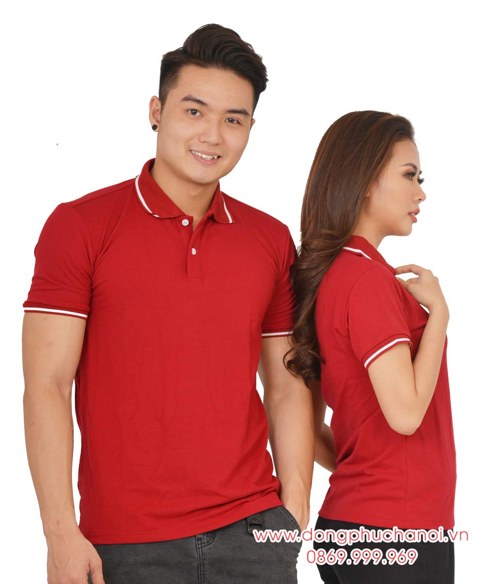 Mẫu áo polo đôi may sẵn màu đỏ đô viền trắng