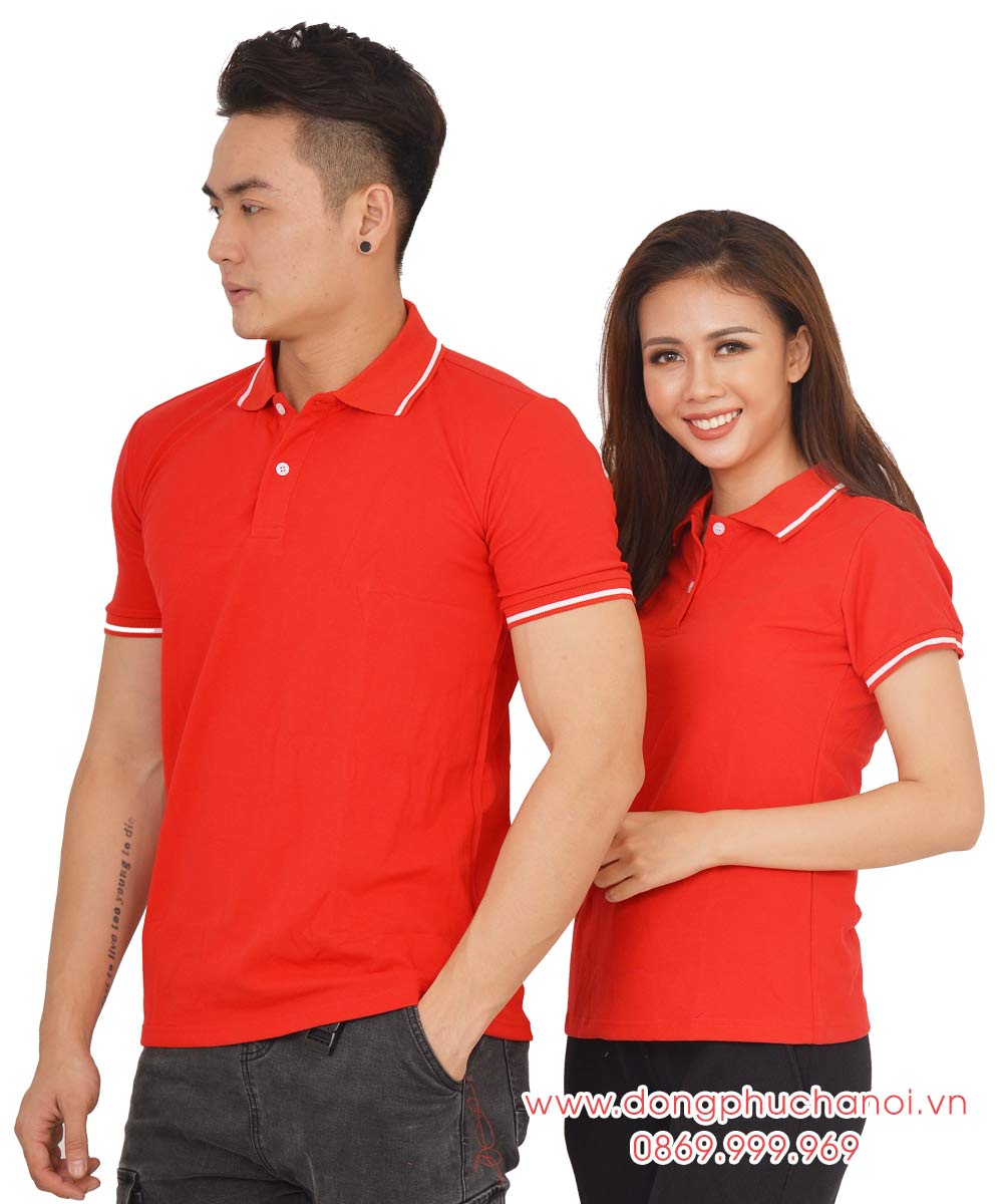 Mẫu áo polo đôi may sẵn màu đỏ