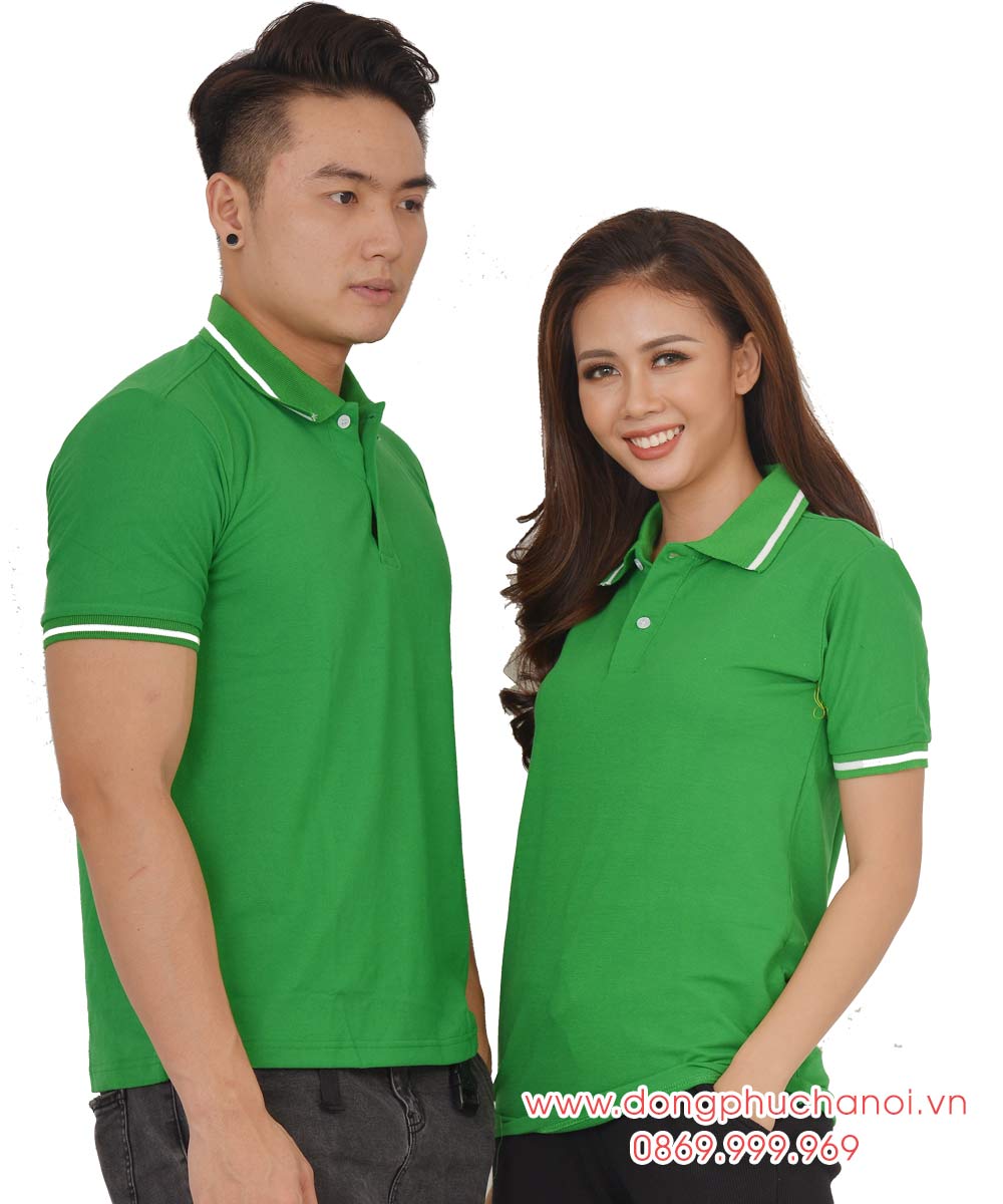 Mẫu áo polo đôi may sẵn màu xanh lá cây viền trắng