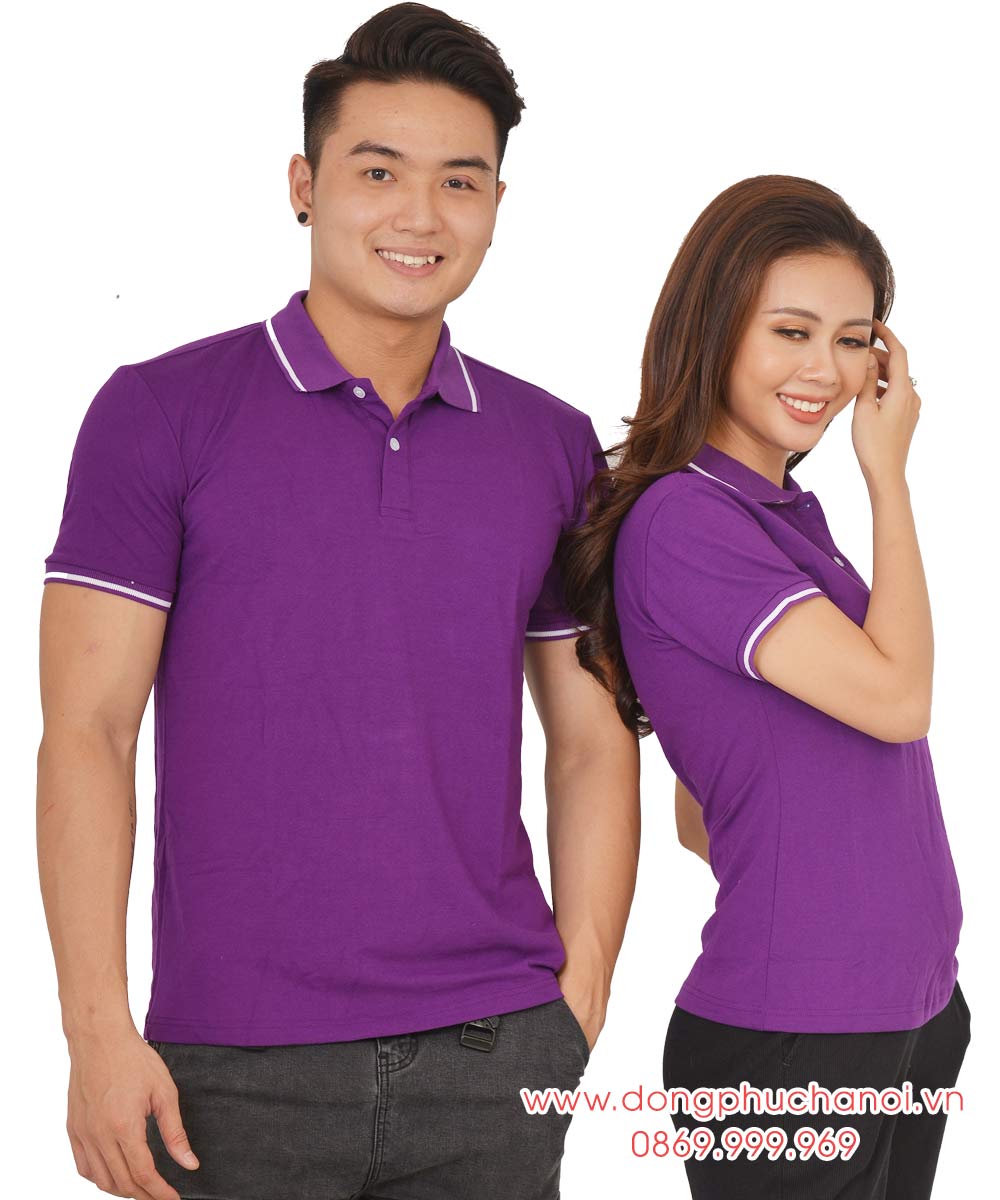 Mẫu áo polo đôi may sẵn màu tím viền trắng