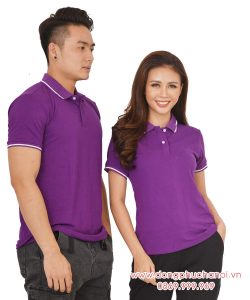 Mẫu áo polo đôi may sẵn màu tím viền trắng