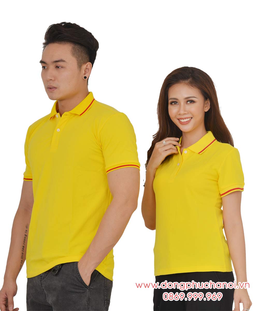 Mẫu áo polo đôi may sẵn màu vàng viền đỏ