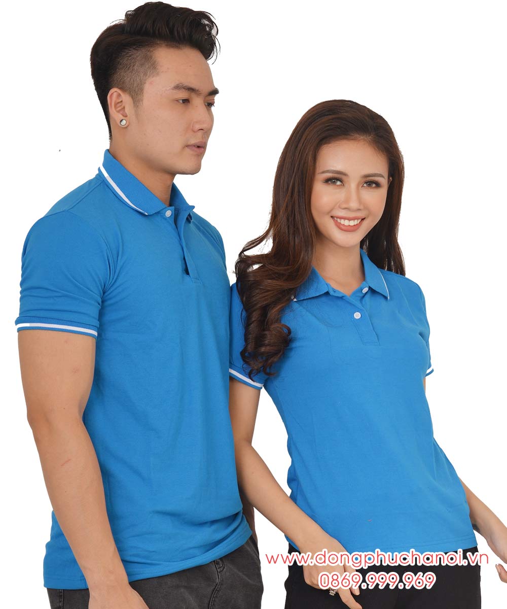 Mẫu áo polo đôi may sẵn màu xanh YA viền trắng