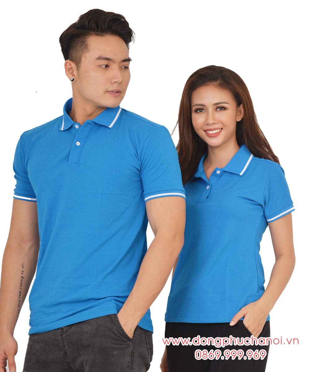 Mẫu áo polo đôi may sẵn màu xanh YA viền trắng