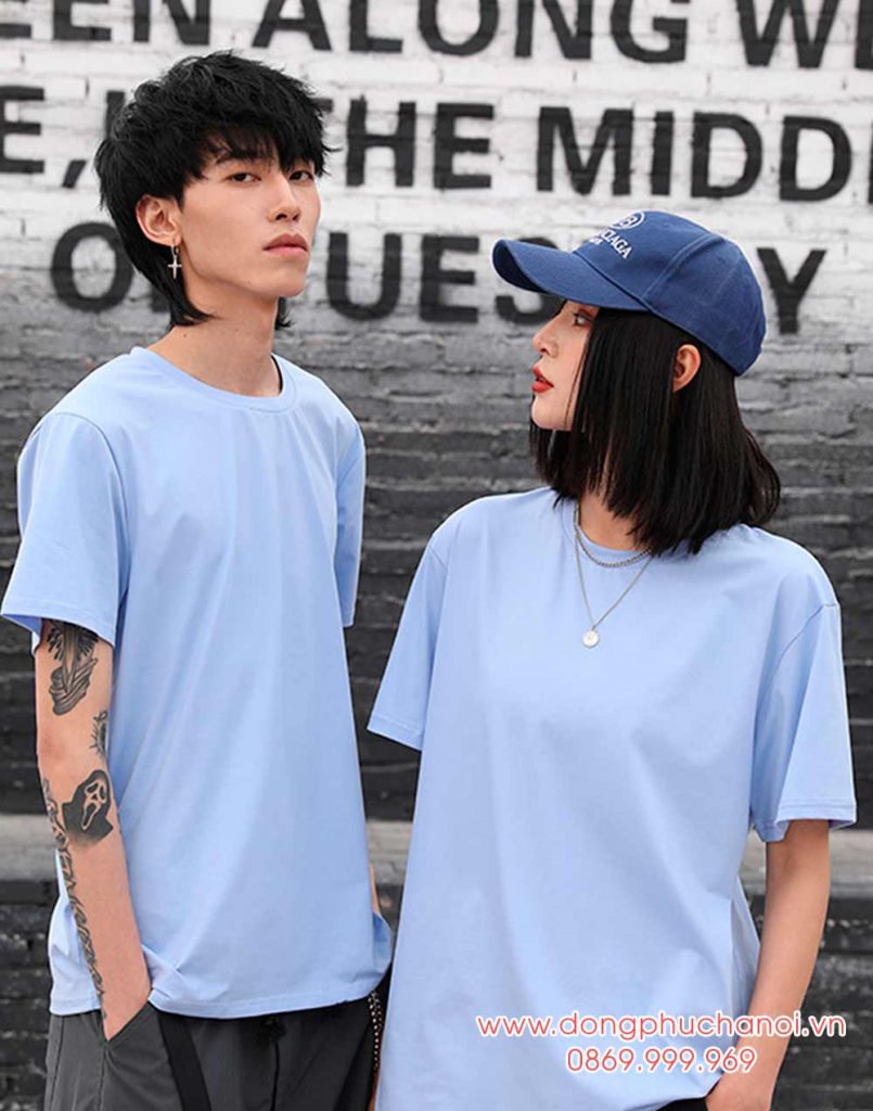 May áo phông cổ tròn màu xanh pastel