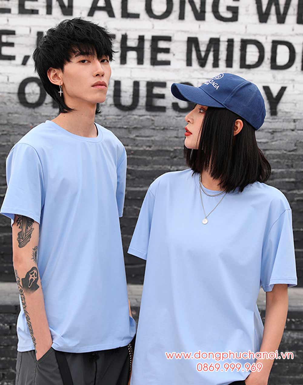 May áo phông cổ tròn màu xanh pastel