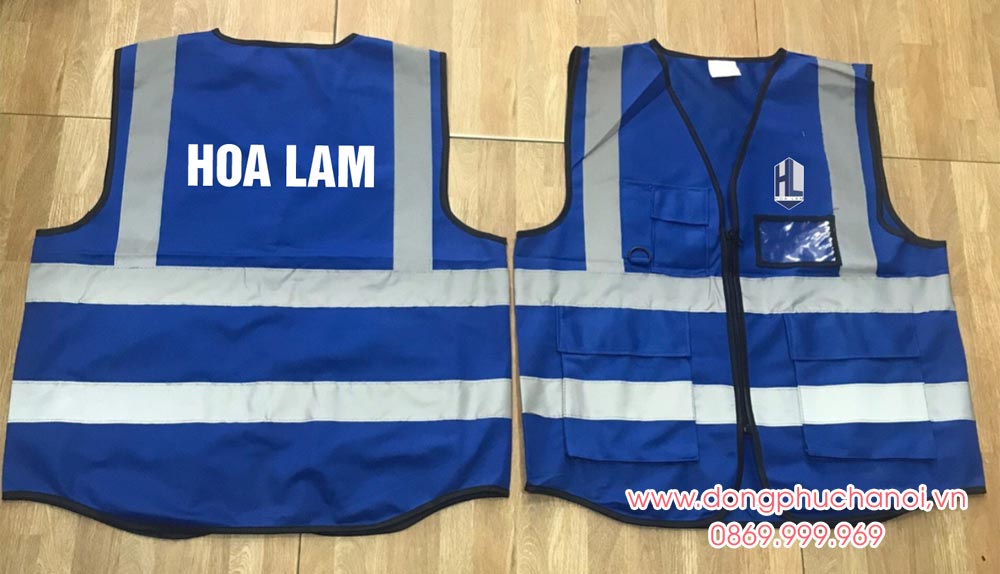 May và In áo gile đồng phục Công ty Hoa Lam màu xanh dương