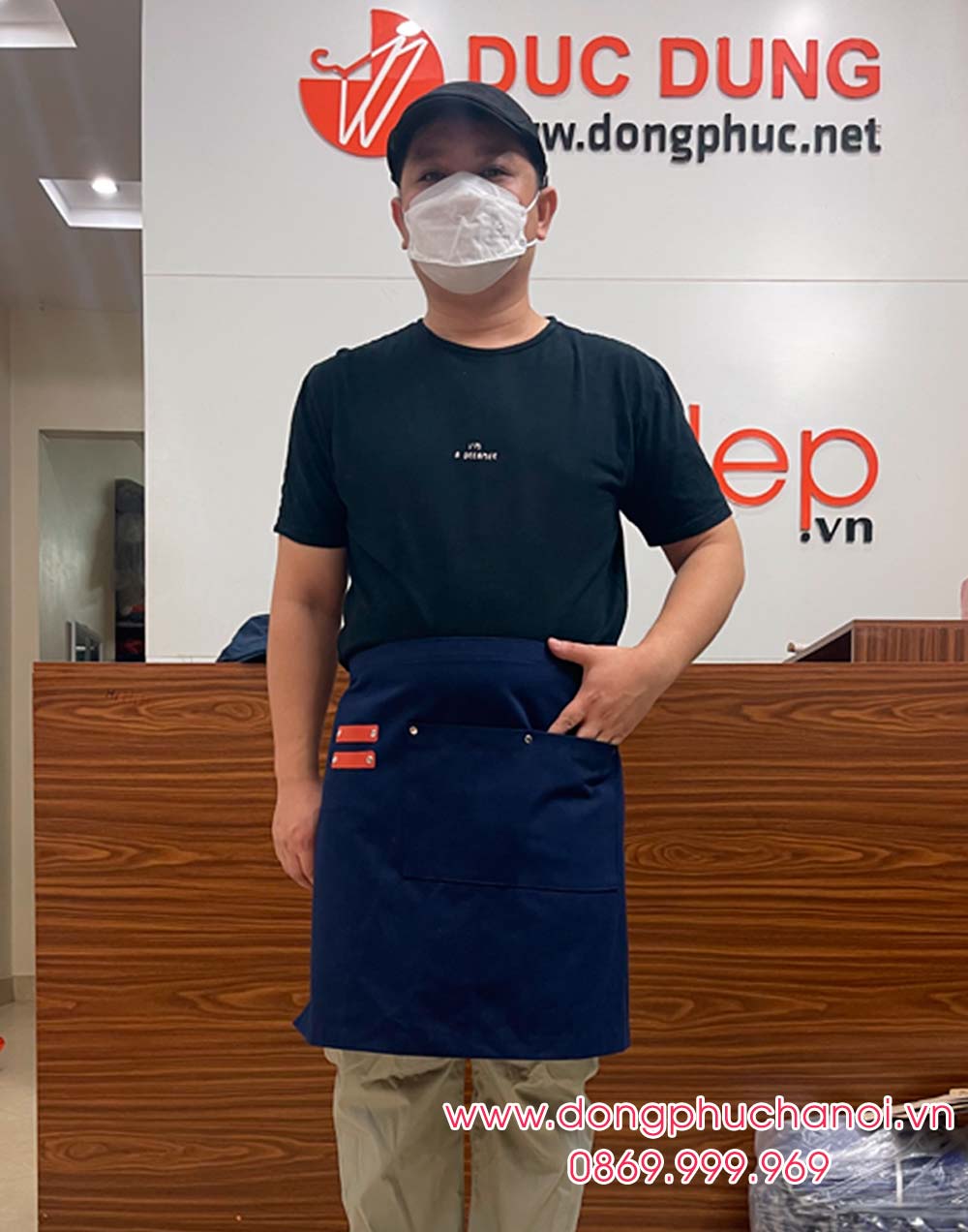 Tạp dề dáng ngắn màu xanh navy đậm - sản phẩm handmade - Tạp dề phối da