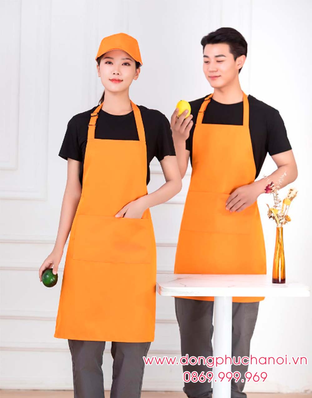 Tạp dề may sẵn dáng dài màu cam