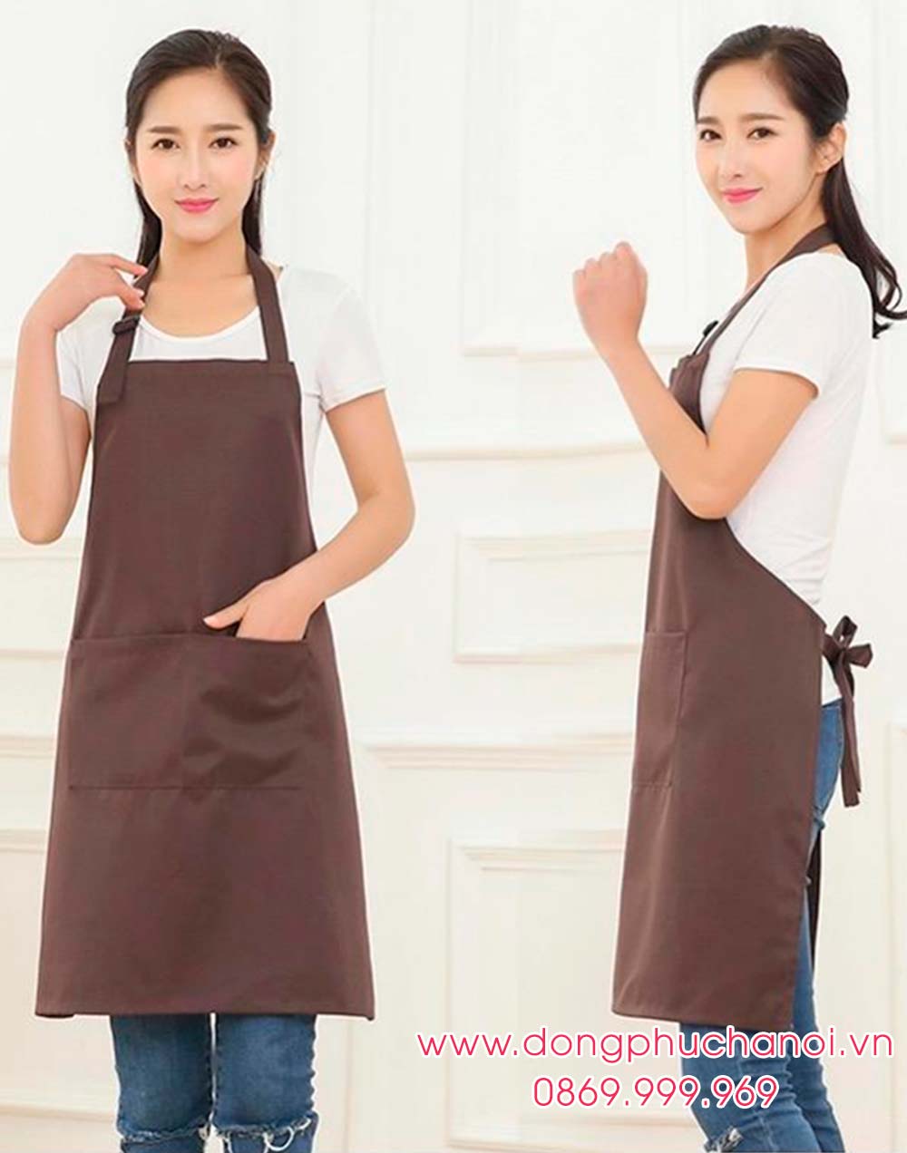 Tạp dề may sẵn dáng dài màu nâu