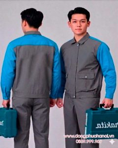 May đồng phục bảo hộ màu xám đậm phối xanh dương
